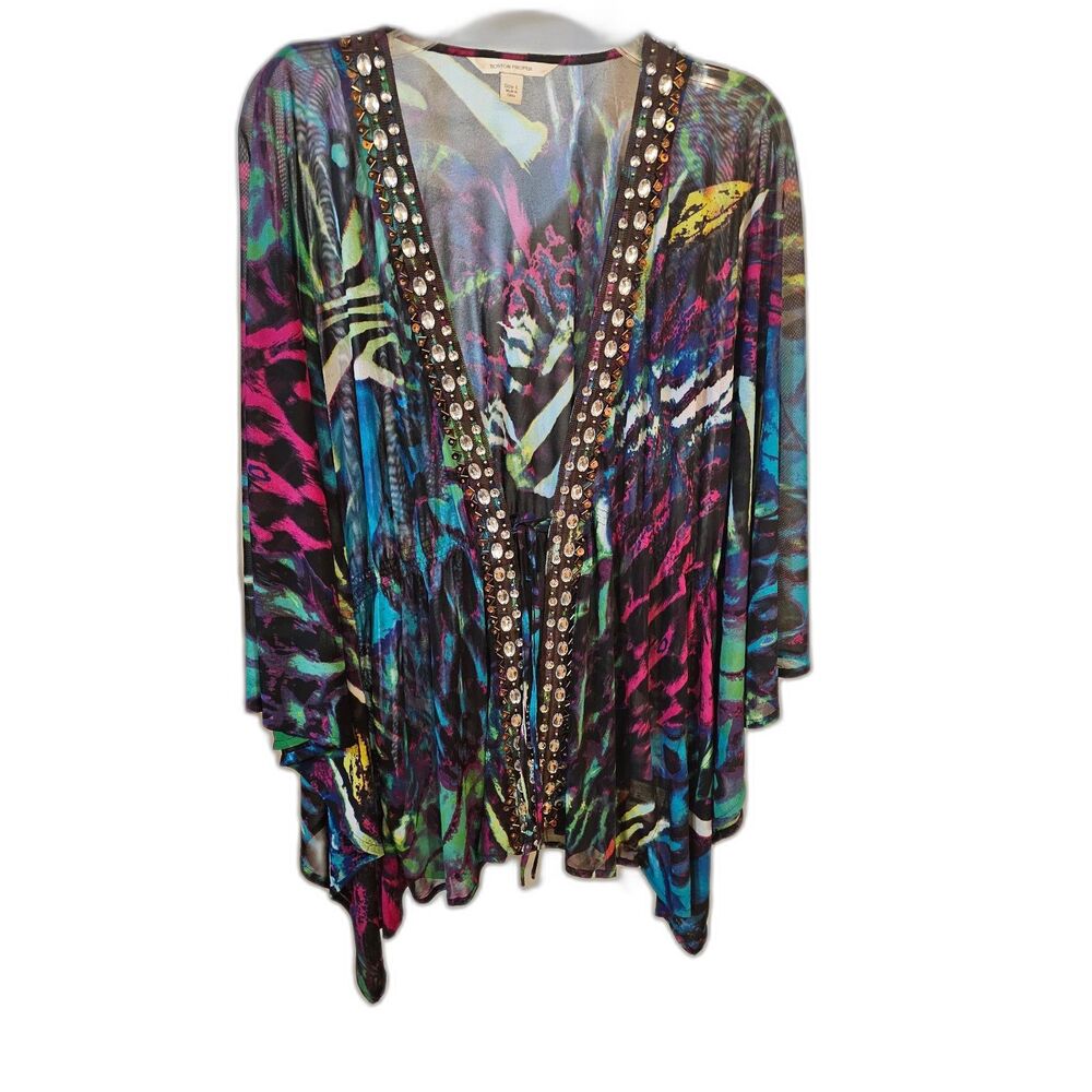 Boston Proper Embellished Kaftan Blouse Large Sheer Jewel Trim Boho Tunic